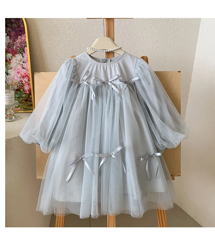 New Baby Sping Girls Boutique Long Sleeve Bow Mesh Flower Vest Dress, Princess Kids Fashion Party  Dresses 3-8 T