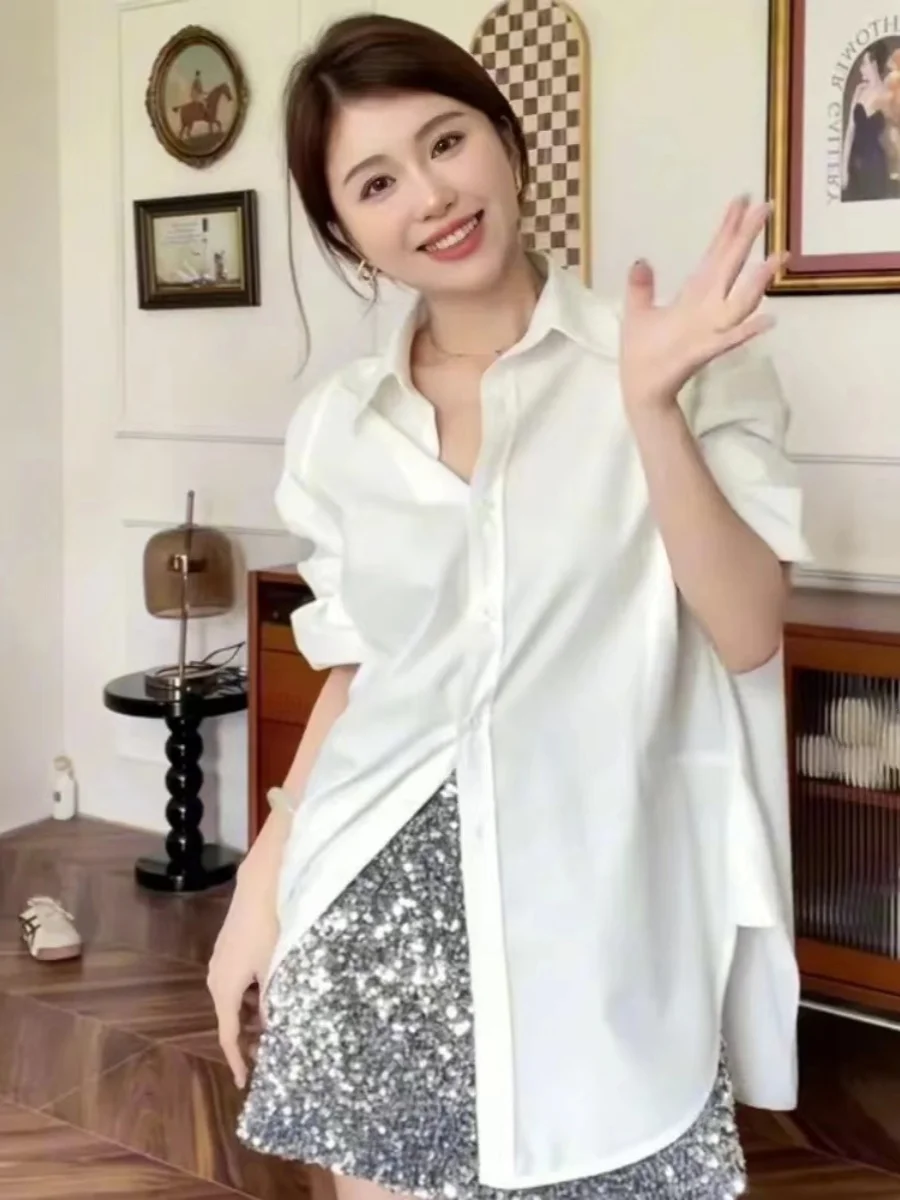 Długi, luźny damski sweter Ele Long Sve White, nowy model na wiosnę 2024, styl koreański, zapinany na guziki, jednolity kolor, mieszanka poliestru.