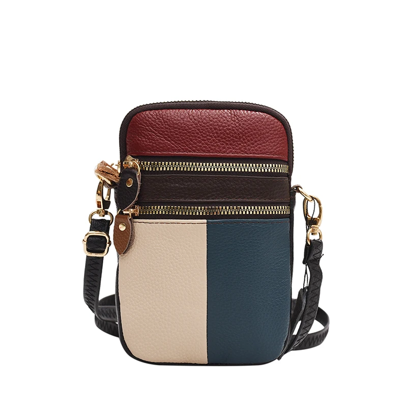 Sac en cuir véritable pour femme, sac à main pour téléphone portable, fermeture éclair multiple, cuir de vachette souple, petite pochette pour