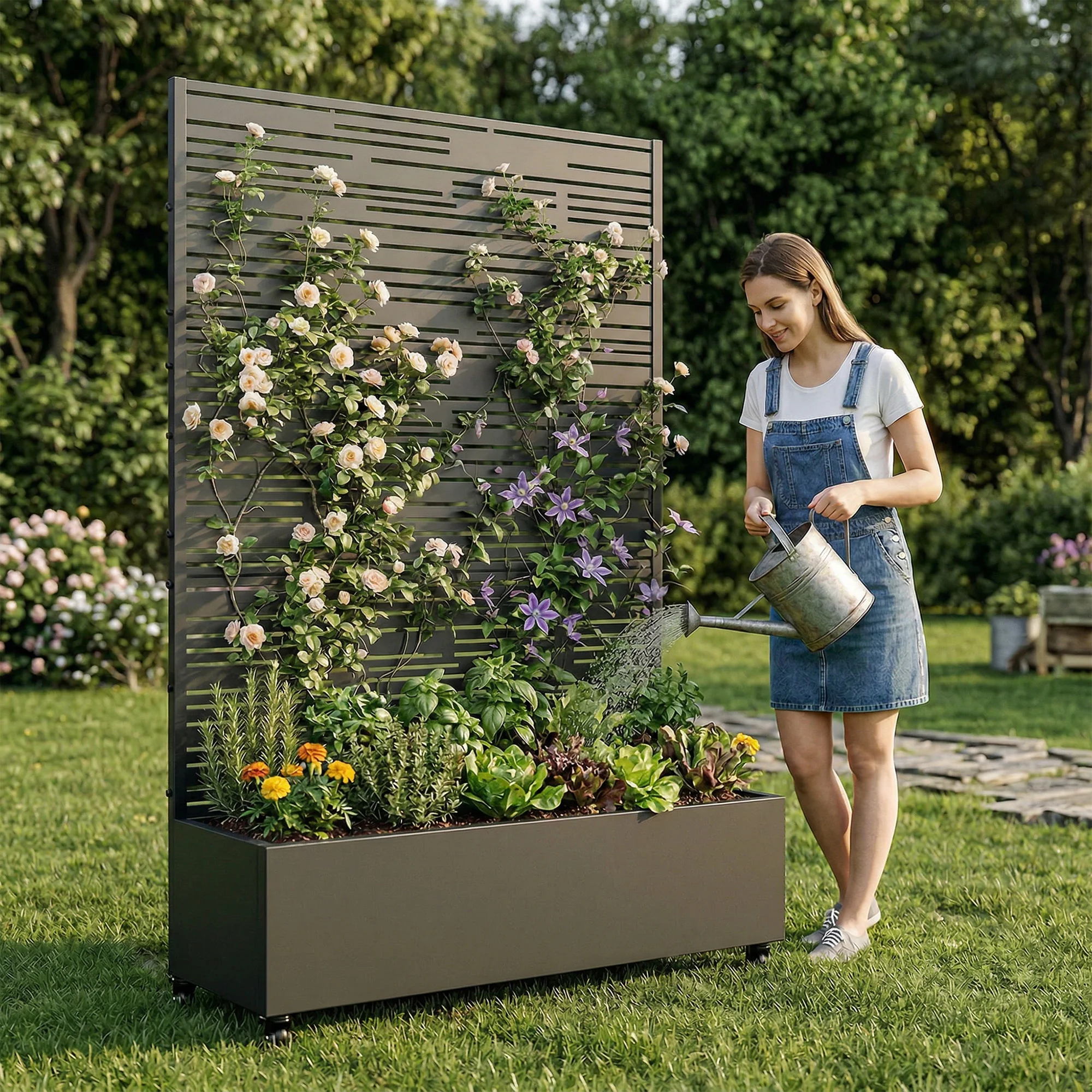 6 ft. H x 4 ft. W Metal Planter Box privacy screen Garden Bed with Trellis and Wheels - Black