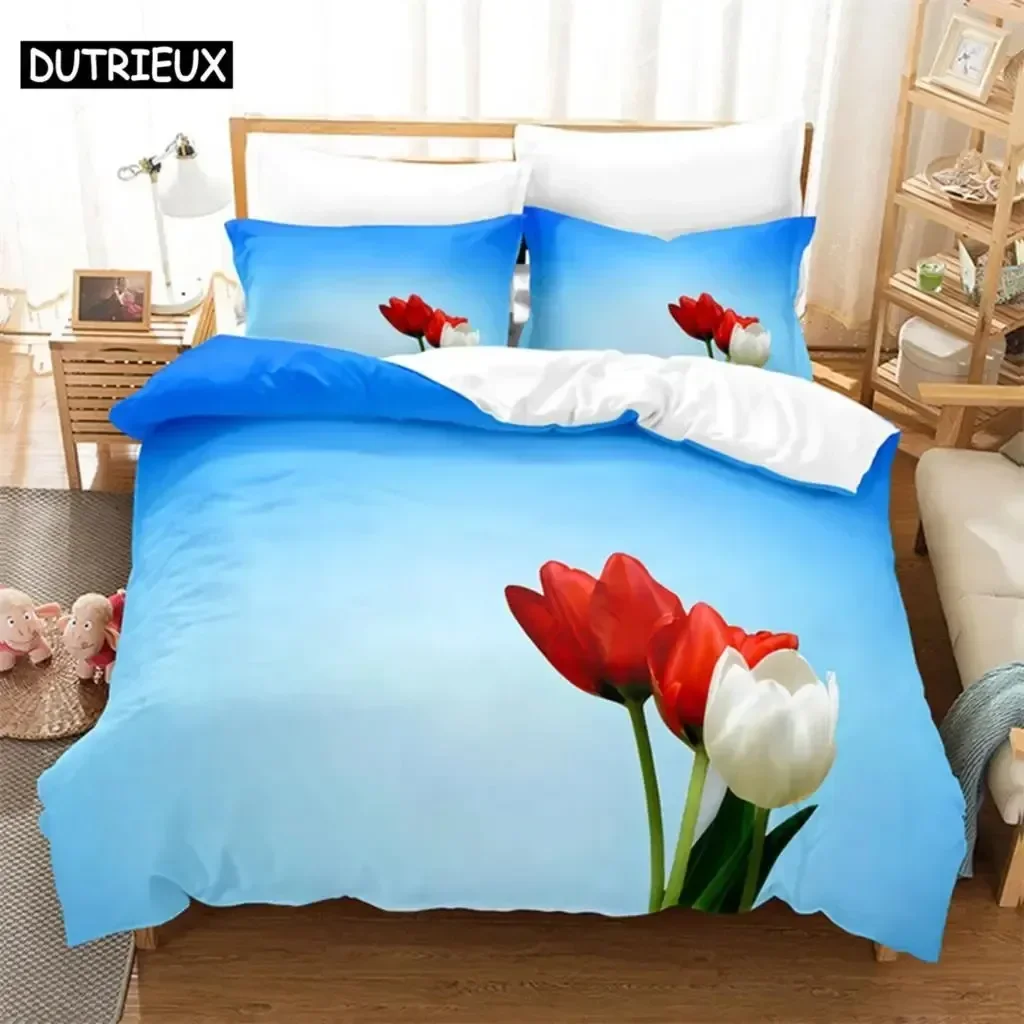 

3D Print Sky Tulip Lovers Queen Bedding Set Bedroom Soft Modern Bedspreads Comefortable Duvet Cover Quilt Cover And Pillowcase