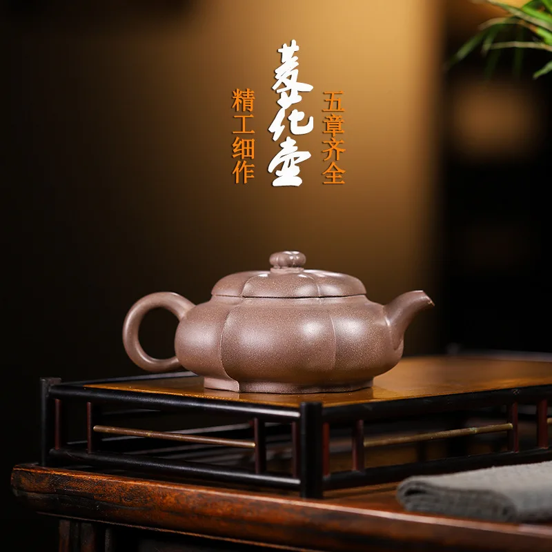 High Quality Yixing Purple Clay Teapot Tea Set Ore Green Gray Segment Mud Handmade Rib Pattern Rhombus Pot Household Kung Fu