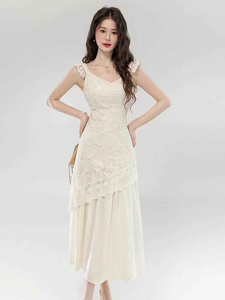 Frauen Kleidung Elegante Fairycore Urlaub Kleid Frau Promi Sexy Strap Sheer Spitze Lange Robe Weibliche Party Strand Club Vestido