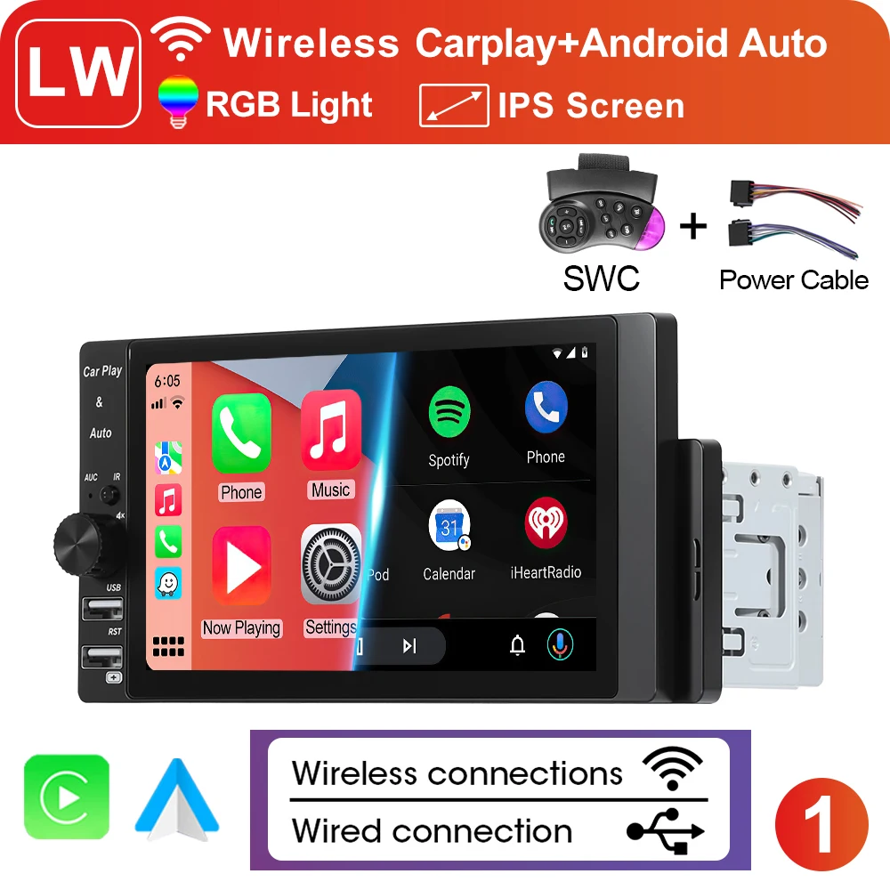 XIMA Universele 1Din HD IPS Scherm Draadloze CarPlay Android Auto Radio Stereo FM MP5 Auto Multimedia speler USB BT Autoradio