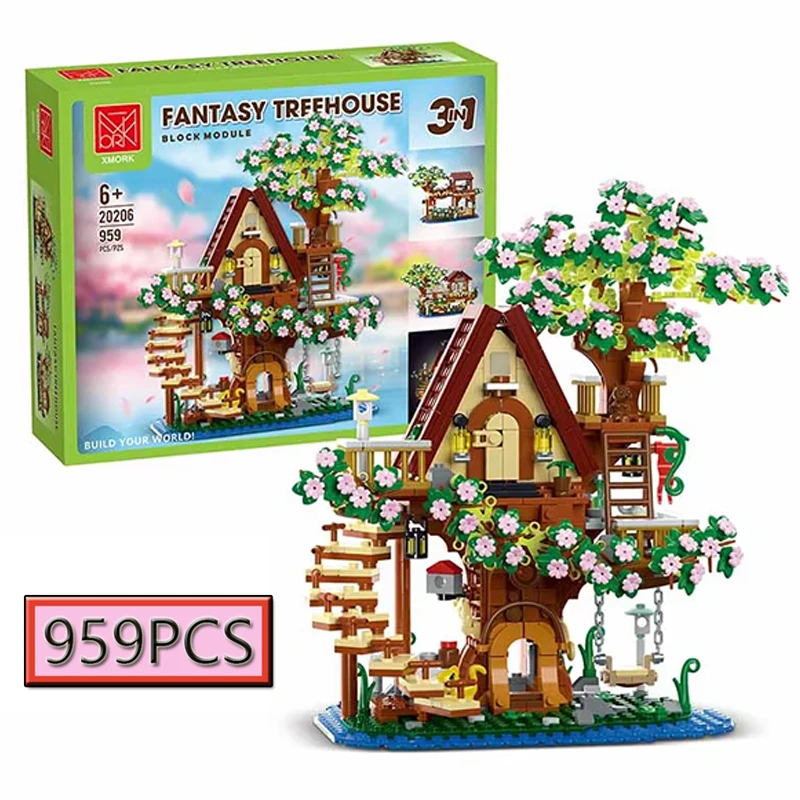 

959PCS Cherry Blossom City Treehouse Building Set 3-in-1 Retro Architecture LED House Blocks Toys for Children Festival Gifts