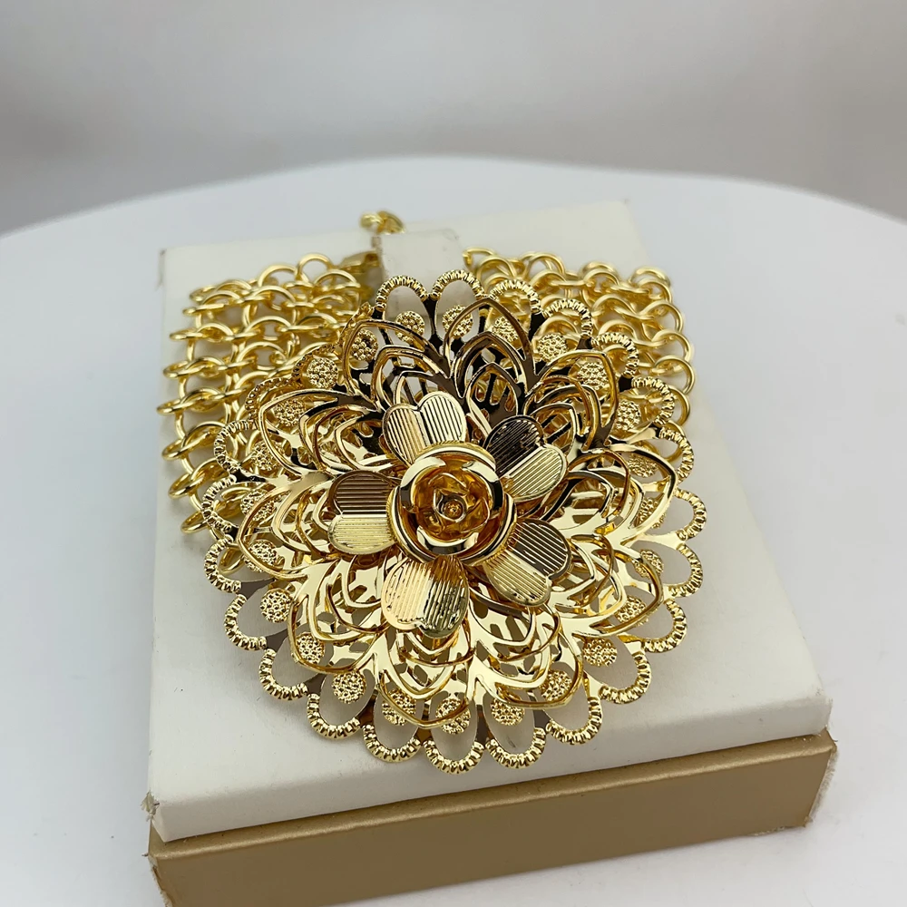 

New Fashion Trendy Women Jewelry Set Brazilian Gold-Plated African Wedding Bridal Big Flower Pendant Necklace Gifts FHK22988
