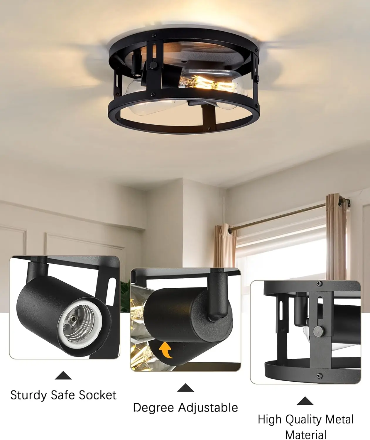 2 pak lampu langit-langit Flush Mount industri, 2-Light perlengkapan lampu langit-langit Cage logam hitam, langit-langit dapat disesuaikan rumah pertanian