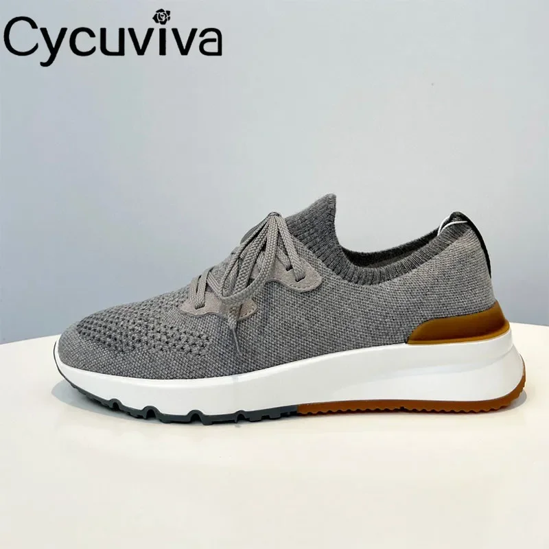 New Hot Sale Knitted Lace Up Flat Shoes Men Thick Sole Breathable Mesh Casual Sneakers Male Autumn Comfort Flat Walk Shoes Men