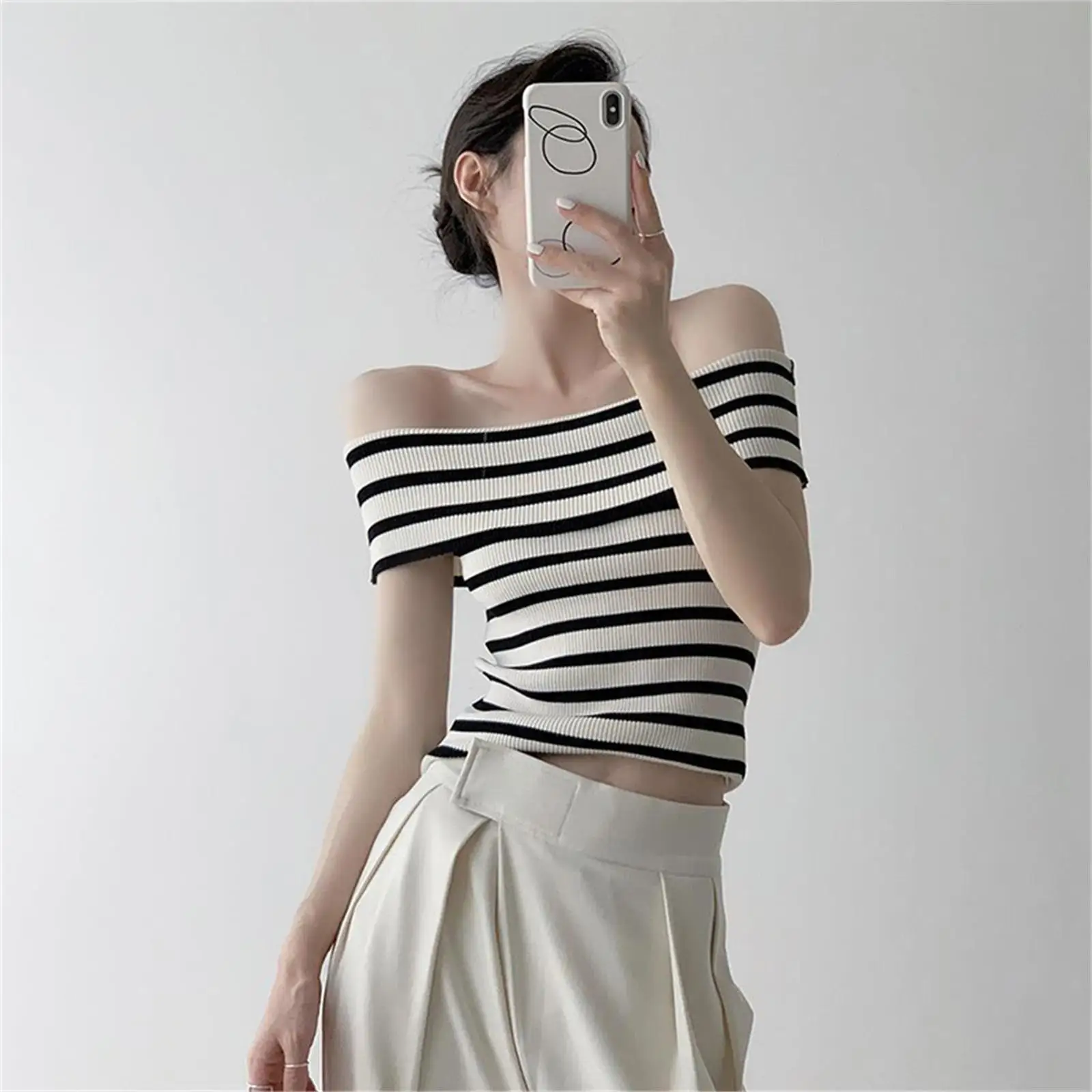 2024 Summer Fashion Striped Knitted T-shirt Women Sexy Off Shoulder Short Sleeve Slim Top