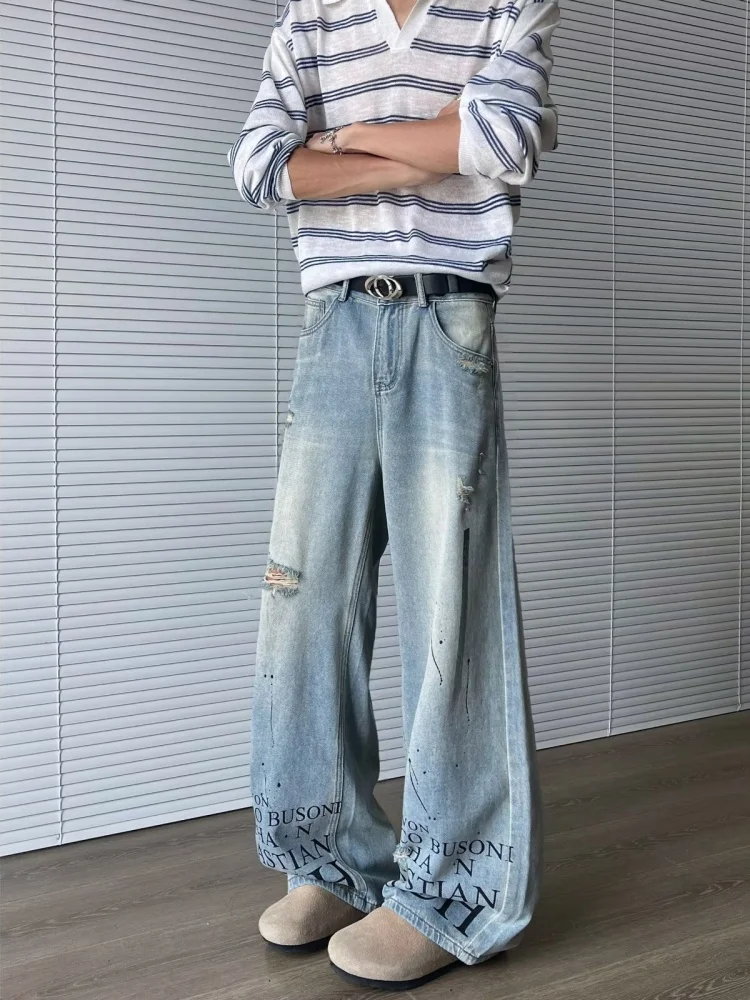 Trashy Y2K 2000S رسالة مطبوعة غسلها الأزرق فضفاض ممزق الجينز السراويل للرجال 90S الملابس خمر سراويل جينز Pantalon Hombre #5