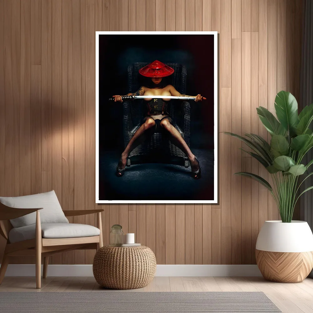 Seductive Samurai Woman with Red Hat and Katana Posters Canvas Painting Print Room Home Kitchen Bar Cafe Decor Room Wall Decor