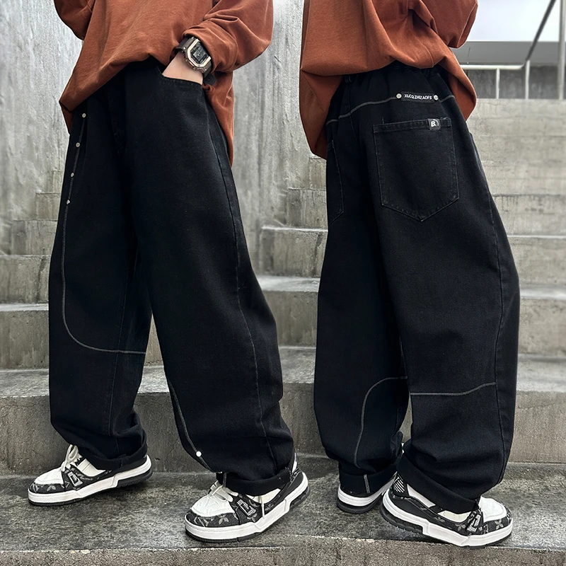 

Черные прямые джинсы для мальчиков в уличном стиле, красивые брюки для папы с большим карманом сзади, От 4 до 14 лет, модные детские модные брюки среднего размера для жарки