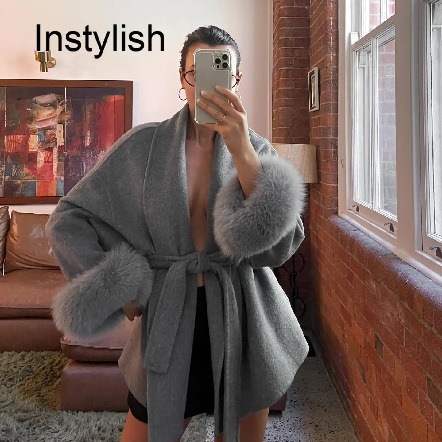 

Elegant Lace Up V-neck Coat Women Loose Solid Long Fur-trimmed Sleeve Open Stitch Coats Female 2025 Autumn Fashion Lady Jacket