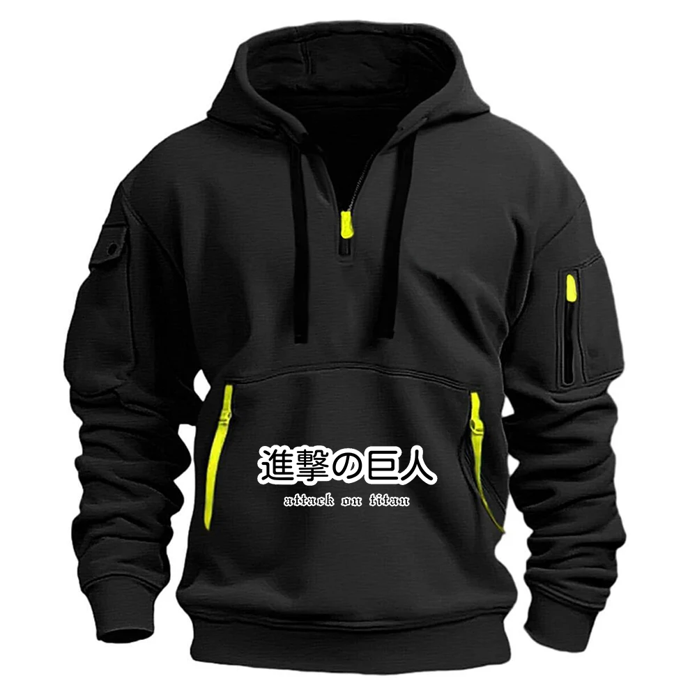 進撃の巨人-2025-春秋新作-メンズ-スポーツ-ハーフジップ-アームポケット付き-ルーズ-カジュアル-スウェットシャツ-ショルダーフード付きプルオーバー