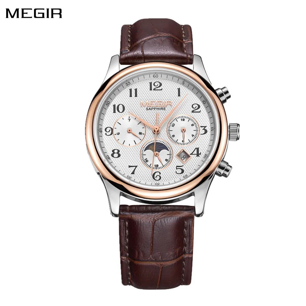 

MEGIR Men Automatic Mechanical Watches Moon Phase Brown Leather Casual Business Wristwatch Sapphire Date Clock Montre Homme