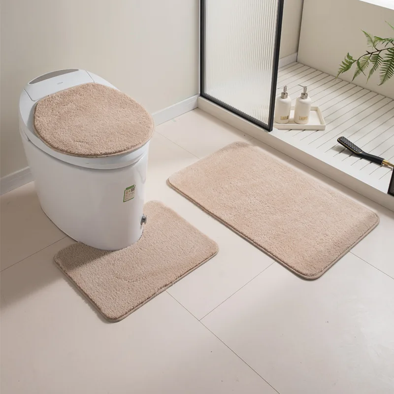 3Pcs Water Imitation Cashmere Bathroom Mat Set Non Slip Absorbent U-shaped Toilet Mat Round Lid Cover Floor Rug For Shower Room