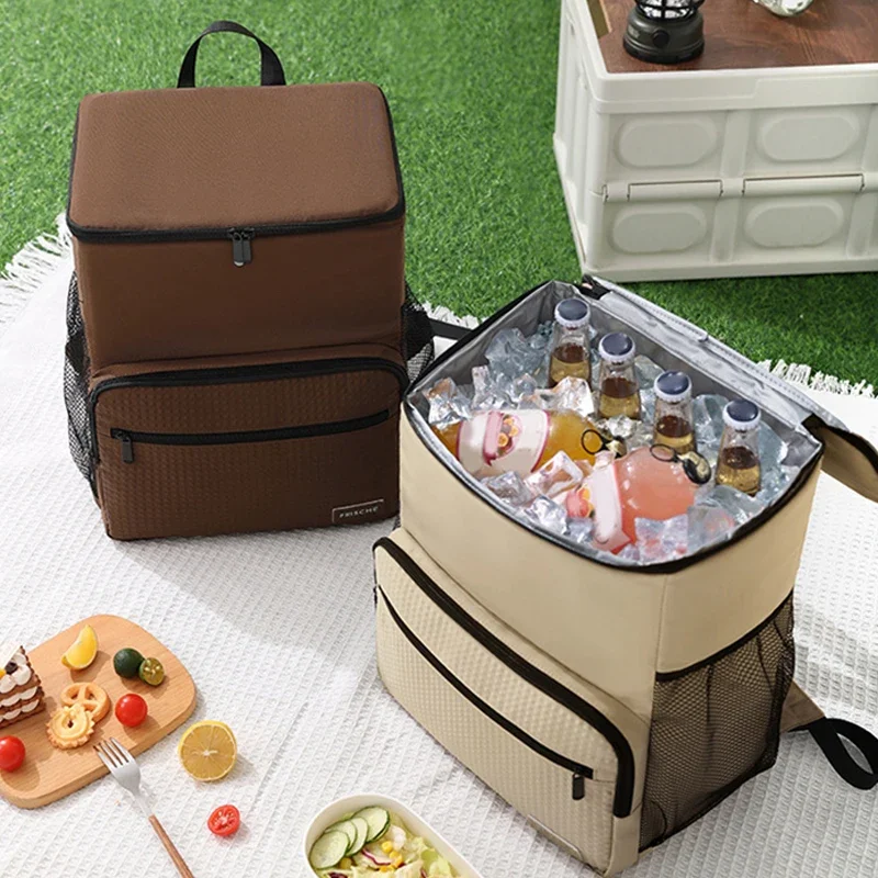 

1pc Insulated Backpack Cooler Large Capacity Oxford Cloth Backpack Outdoor Travel Beer Bag Waterproof PEVA Lined Ice Bag
