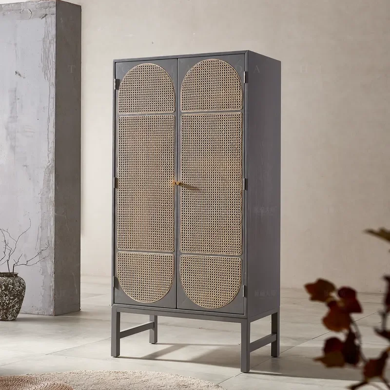 Nordic Solid Wood Rattan Wardrobe Storage Locker Simple Modern Retro Cabinet Bedroom Double Door Coat Cabinet