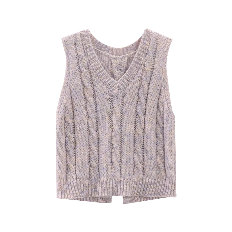 ALXNAN Women's Purple Sweater Vest Wool Knitted V-neck Sleeveless Sweaters Loose-fit Elegant Casual Top L57201