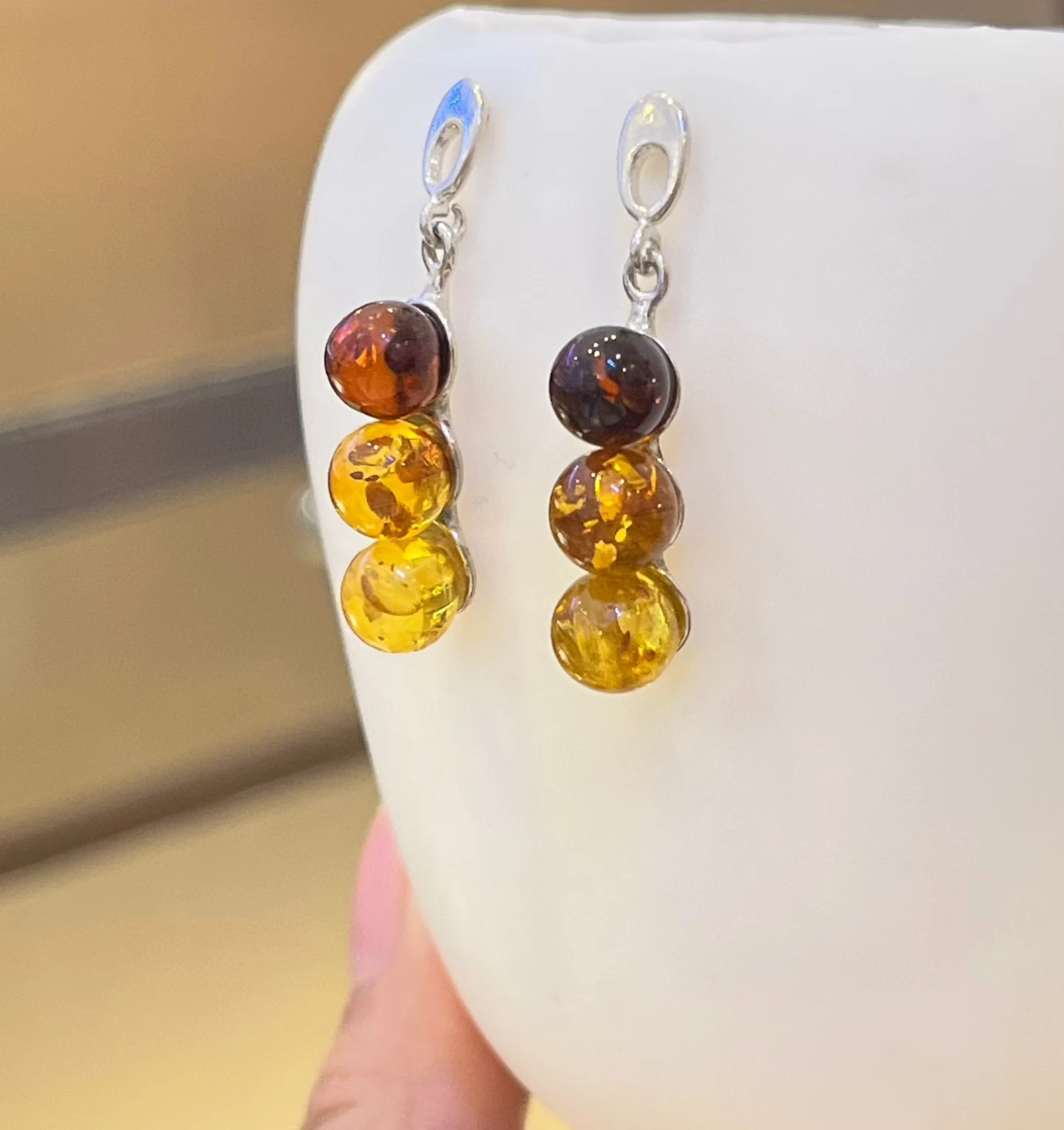 Certificated 925 Silver Natural Amber Beaded Ear Buckle Three-tones Drop Dangle Earrings Red/Yellow/Flower Piebald Amber Jewelry