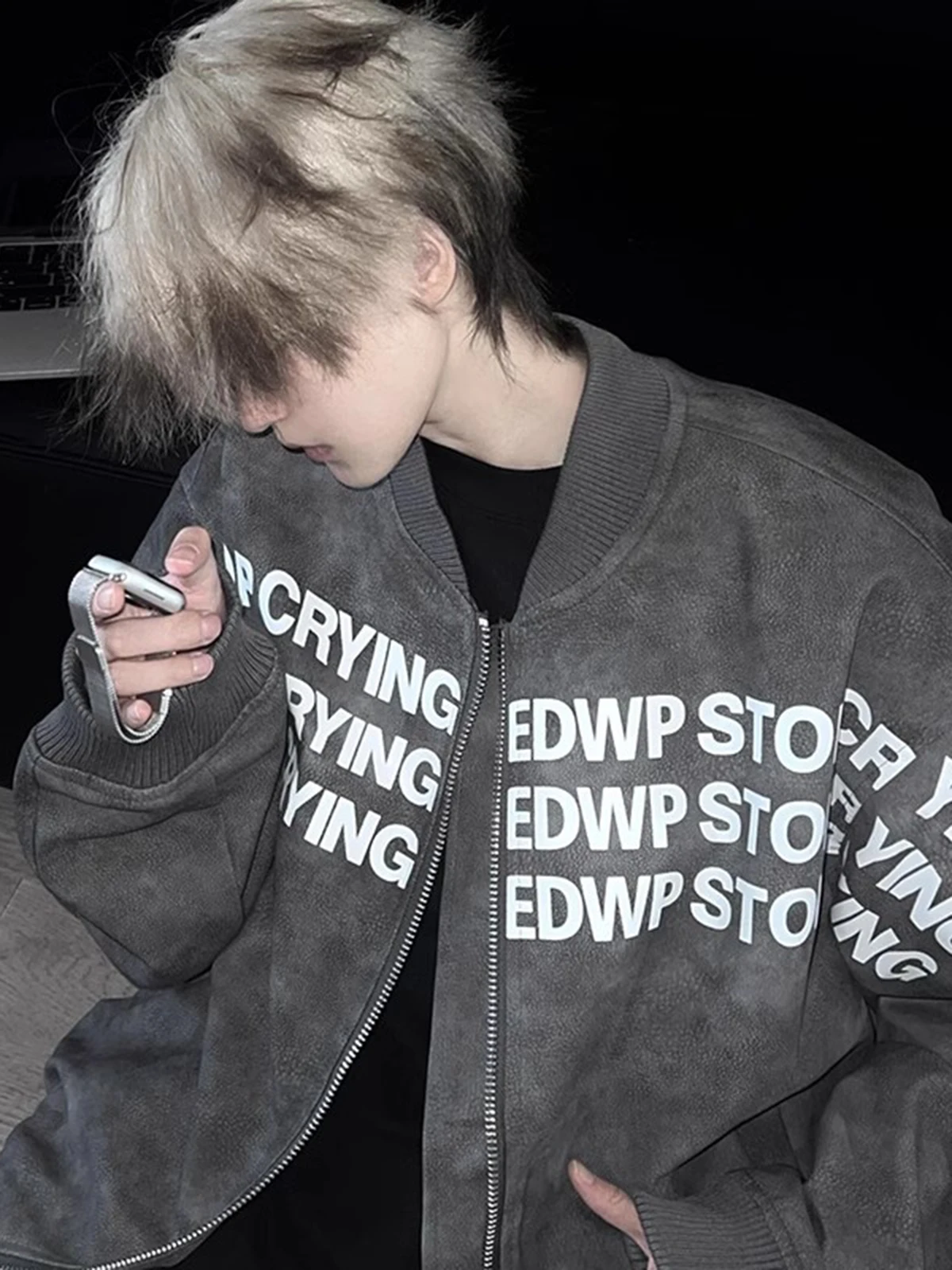 

ey Letter Print Baseball Jaet Men's Autumn Winter Hiphop High Street American Sle Leather Coat Loose Fit Youth Trend