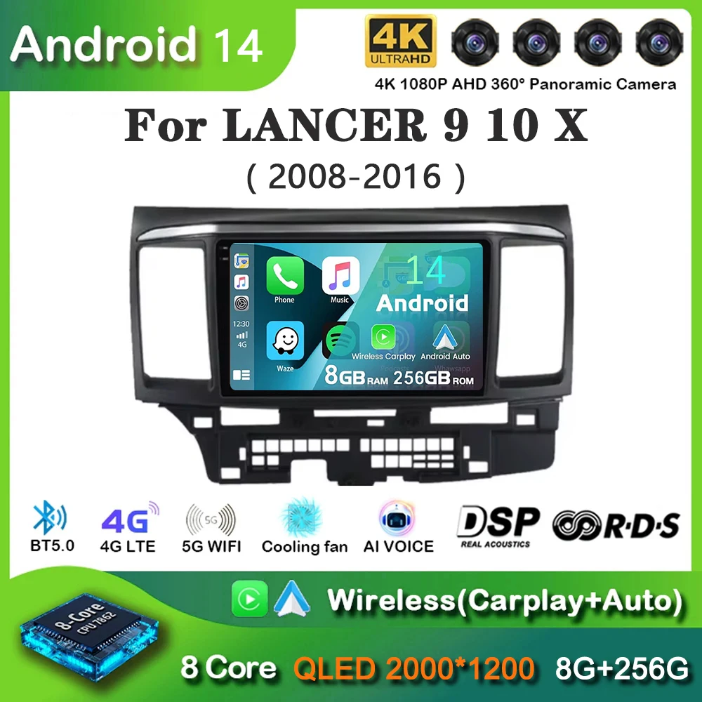 Radio con GPS para coche, reproductor con Android 14, 9 pulgadas, Carplay, pantalla automática, Audio estéreo, para MITSUBISHI LANCER 9, 10X2008, 2009, 2010, 2011 - 2016