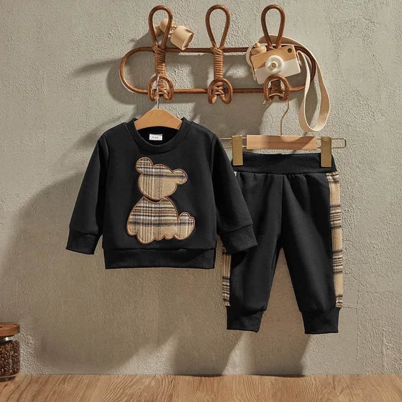 EWODOS 0-24M Baby Boy Clothes Black Outfit Fashion Bear Print Long Sleeve Sweatshirt Black Trousers 2Pcs Clothes Set for Infant