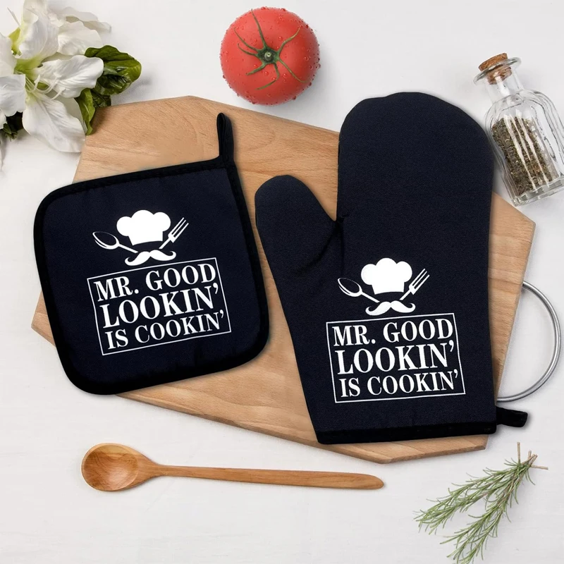 

Mr.Good Looking Is Cooking Funny Silicone Non-Slip Oven Mitts and Pot Holders Sets Baking Kitchen Decorations Cooking Accessory