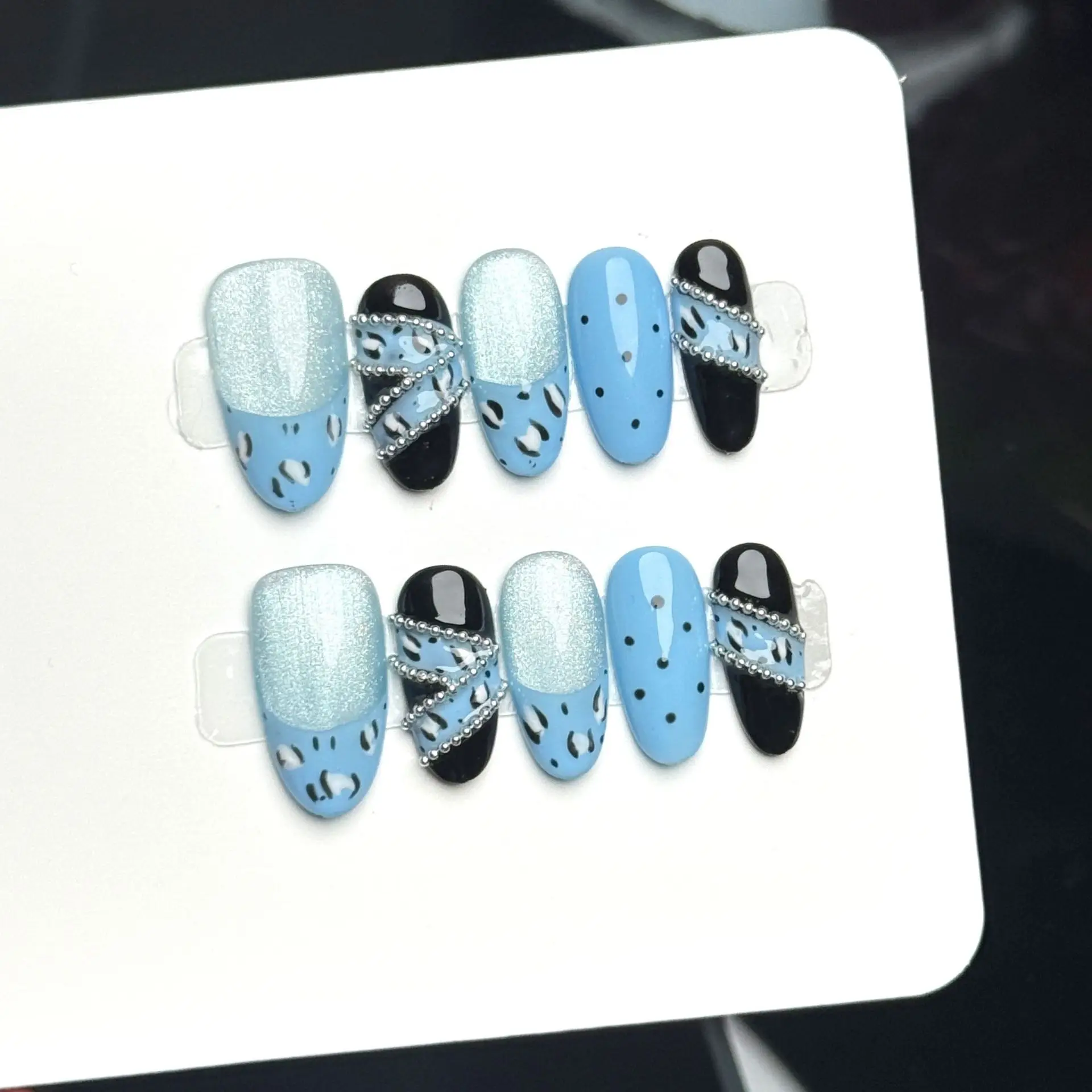10pcsHandmade Oval Press On Nails Blue Cat Eye Leopard Print Chain Polka Dot Design Fake Nails Wearable Nails Art Tip Spice Girl