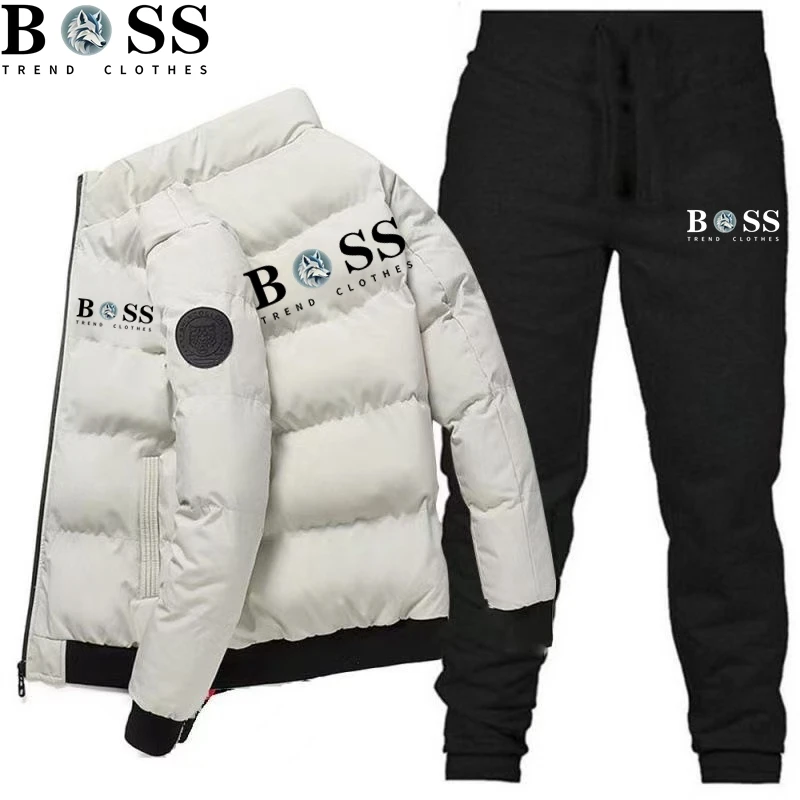 Men's jacket 2025 Fashion Winter Korean Men's Fashion Warm New Windproof High Quality Polyester Zipper Jacket andPants 2-p