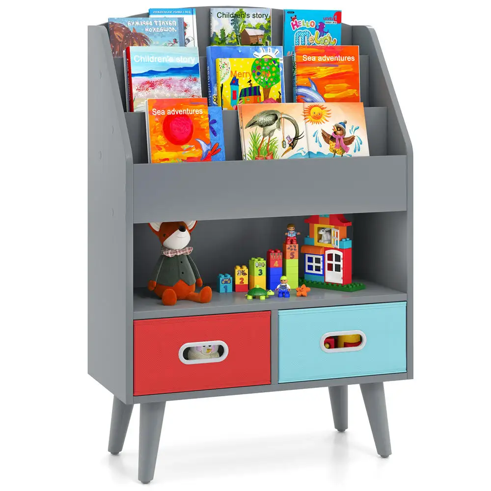 Kids Bookshelf With Open Compartment For Toddlers Years OldGray