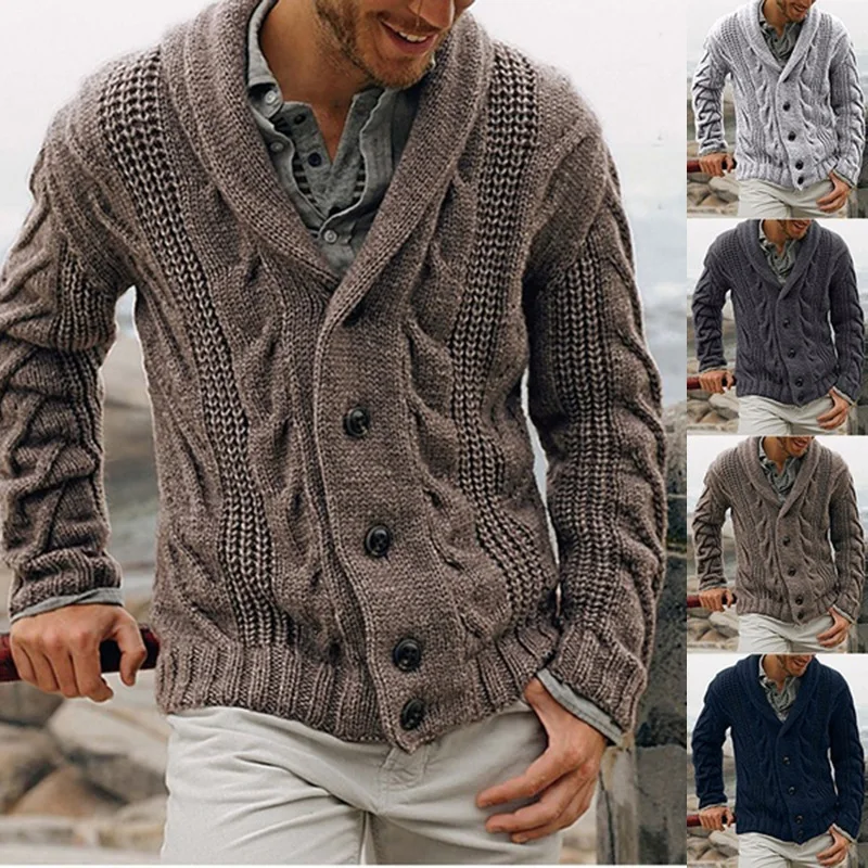 Men's Winter Cardigan Sweater solid color Shawl Collar Cardigan Sweater Button Down Cable Knitted Sweater Casual Coat