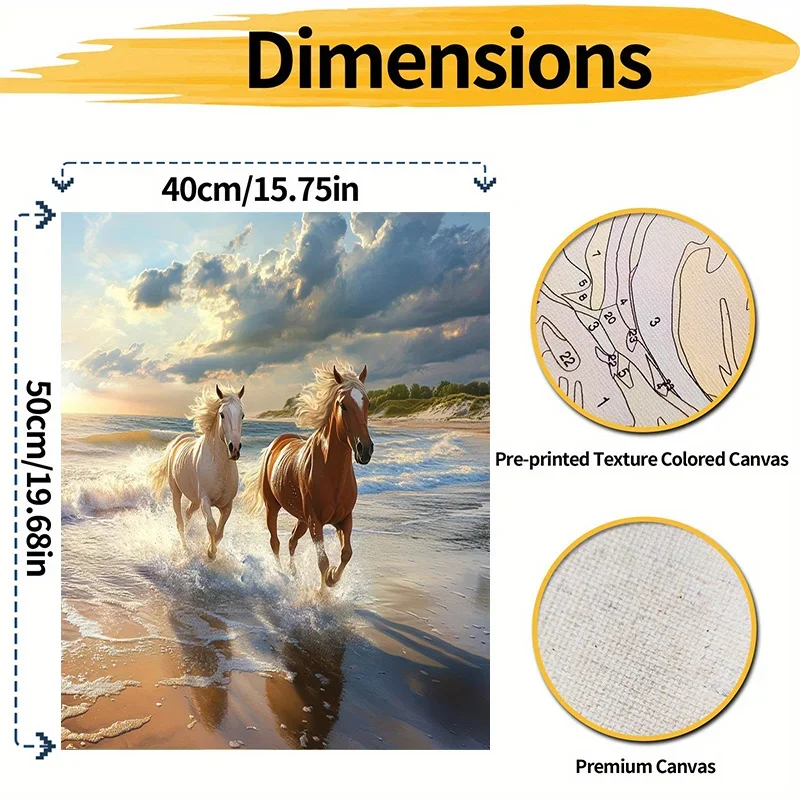 1 Set Professional Art Use Adult Digital Oil Painting Painting Kit Coloring, Beach Double Horses Galloping Scenery, 40X50Cm/15.7