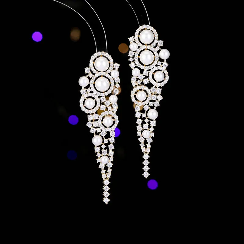 FXLRY Exaggerated Elegant Micro-inlaid Zircon Pearl Geometry Earrings For Women Party Jewelry