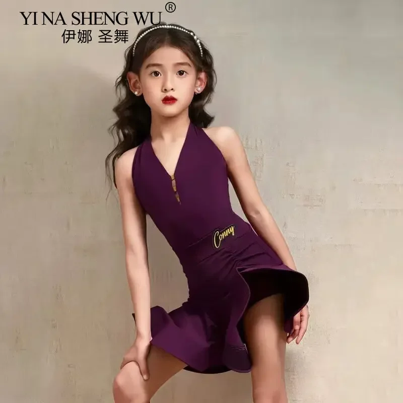 Vestito da ballo latino per ragazze Gonna arricciata con scollo all'americana viola senza maniche Bambini Salsa Rumba Cha Cha Costume da competizione per bambini