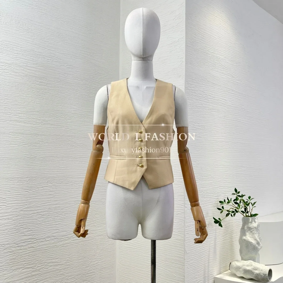 

2025 New Khaki Sleeveless Vest Tops and Shorts Set High Quality Wool and Silk