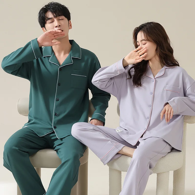 Solid Color Cotton Spring Sleepwear for Lovers Women and Men Matching Pajamas Set Cardigan Nightwear Hombre Pjs Couples Mujer