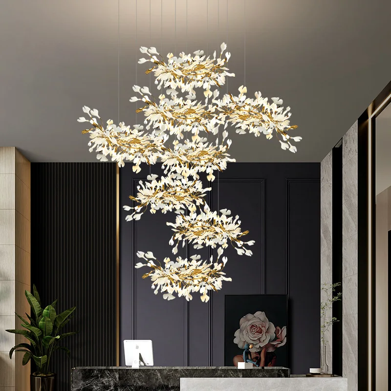 Ginkgo Leaf Stairwell Long Chandelier Atmospheric Light Luxury Villa Duplex Building Loft Hotel Lobby Creative Art Lamps