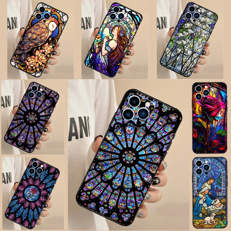 Stained Glass Painting Case For iPhone 16 15 12 13 Mini 11 14 Pro Max X XR XS Max 7 8 14 Plus Cover Coque