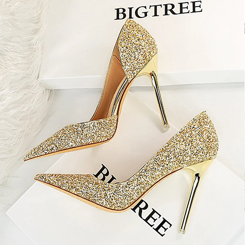 

BIGTREE Shoes Hollow Sequins Heels Shoes 2023 Summer Pointing Toe Wedding Party High Heels Shoes Beling Stiletto High-heeled