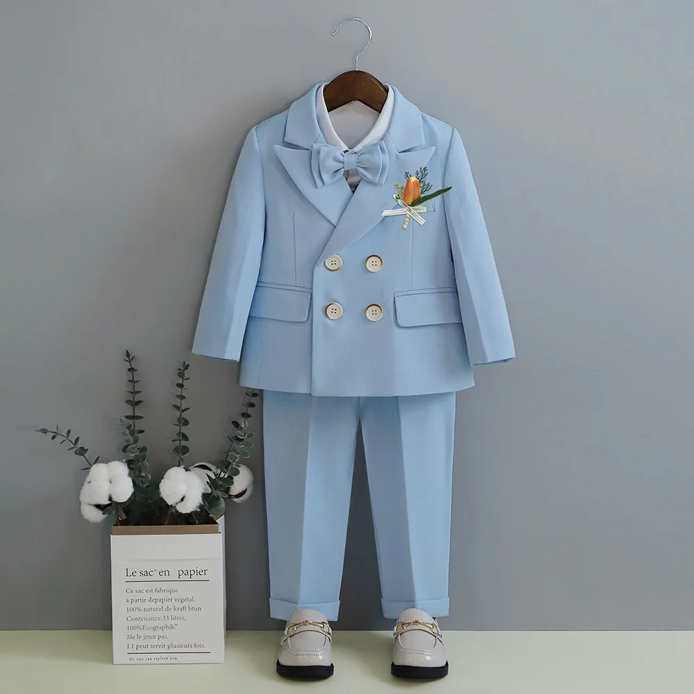 Child Fomal Dress Suit Set British Style Baby Boys Wedding Birthday Party Performance Costume Kids Blazer Pants Bowtie Clothes