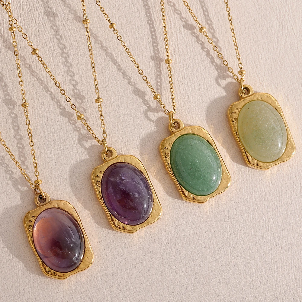 Yhpup Natural Stone Square Pendant Stainless Steel Necklace Amethyst Green Aventurine Charm Fashion Collar Jewelry  Women
