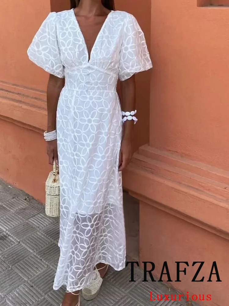 

TRAFZA Vintage Chic Casual Women Dress Solid Short Sleeve V-Neck Ankle-length Long Vestidos Fashion 2024 Summer Elegant Dress