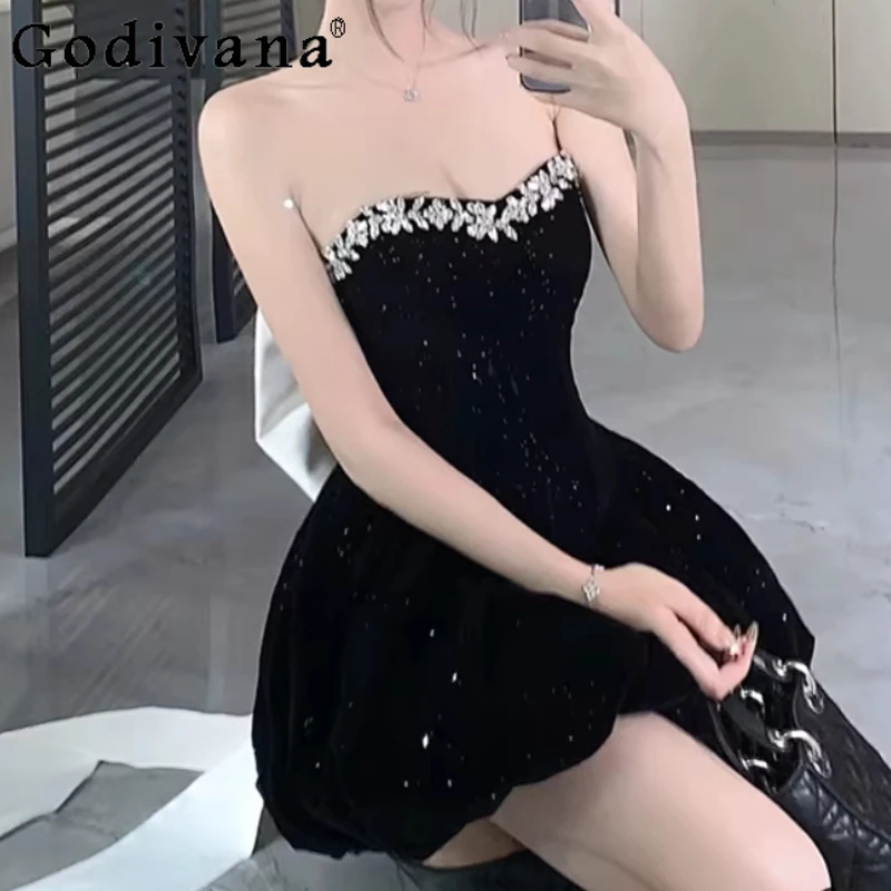 

Spring Autumn Temperament French Party Strapless Black Evening Dresses Fashion Ladies Elegant Slash Neck Diamond Velvet Dress
