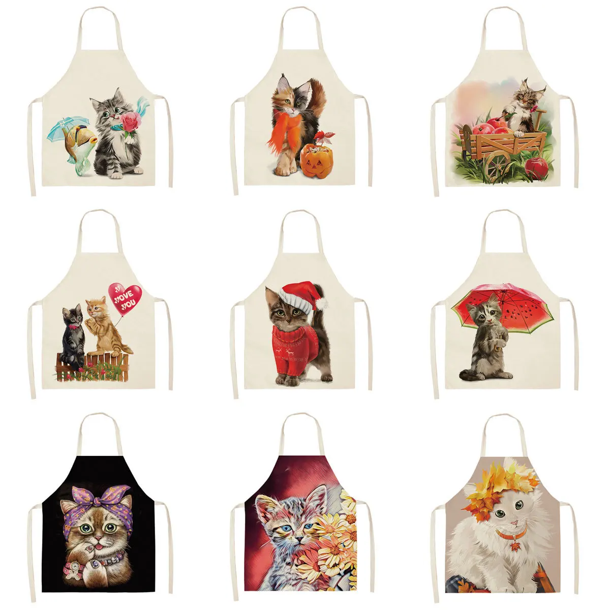 Cat Apron Parent-child Kitchen Aprons Funny Cartoon Cat Printed Sleeveless Cotton Linen Aprons for Home Cleaning Tools Brief