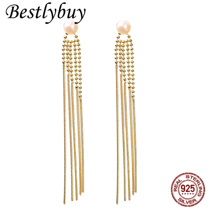 

S925 pure silver inlaid with natural pearl chain tassel earrings European and American fashion high-end party jewelry for women