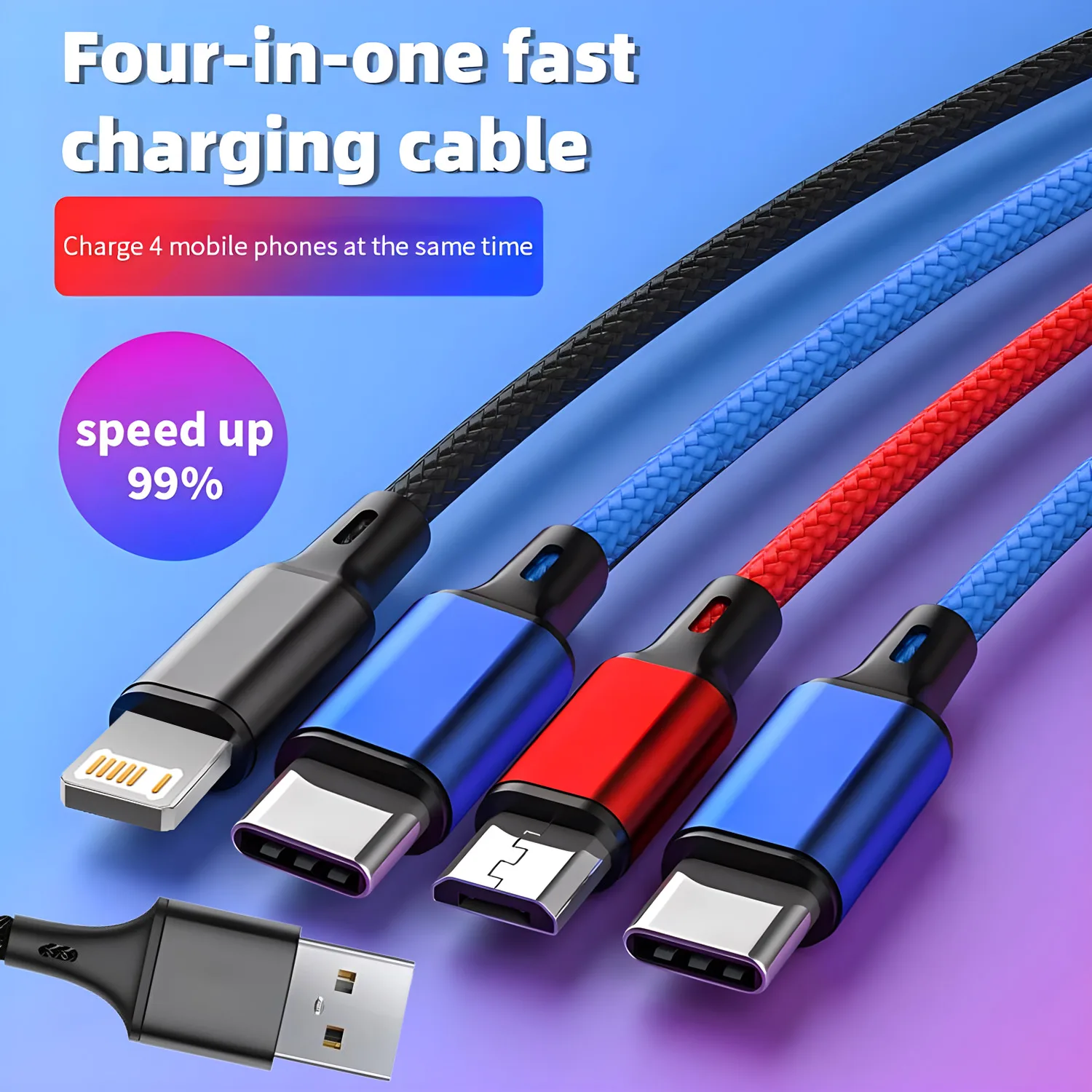 100W 4 In 1 Fast Charging Cable Cord For iPhone Huawei poco USB Type C Charger Data Cable Multi Port Micro Usb Charging Wire