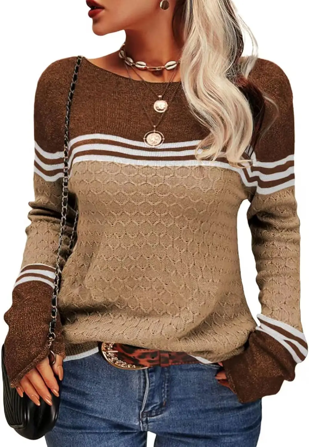 2023 Women Autumn Winter Colorblock Pullover Sweaters Round Neck Striped Slim Fitting Knitwear Tops
