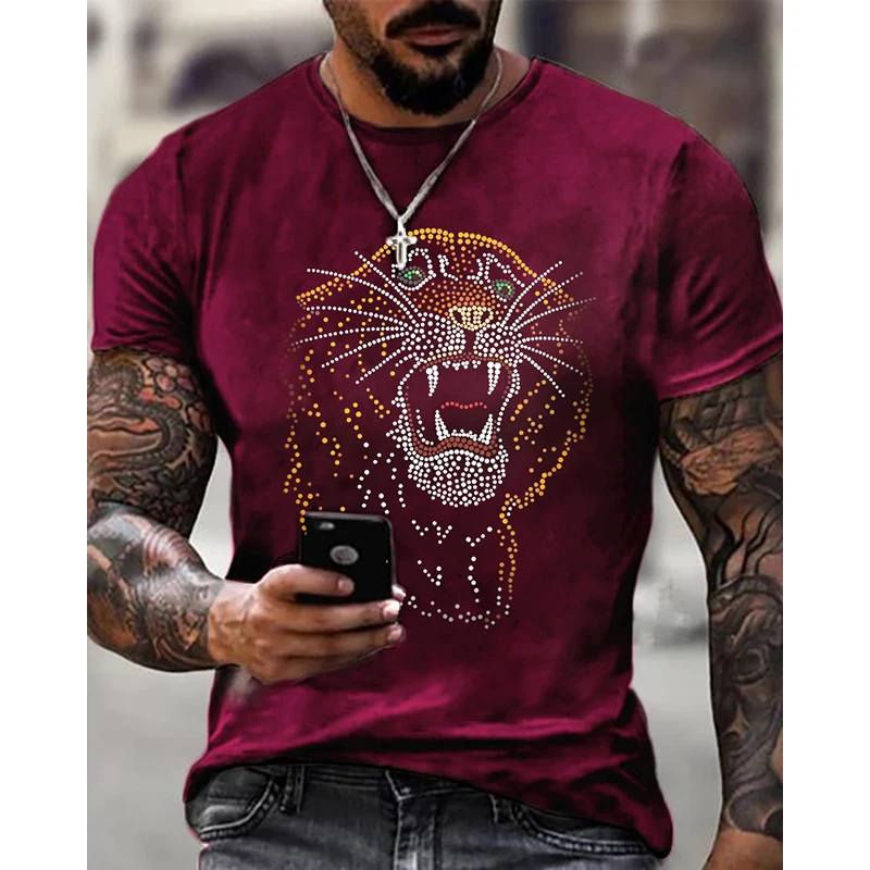 Fashion Men's Clothing High Quality Oversized Tee y2k Lion Rhinestone Designer Short Sleeve Tops Outdoor Casual Street T-shirt