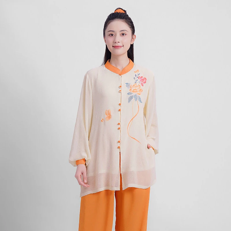 New Arrival Summer Tai Chi Uniform - Hand Painted Chiffon Linen Color Block Set for Baduanjin Qigong Practice